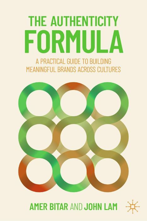 „THE AUTHENTICITY FORMULA“ in Grün, gefolgt von einem Ratgebertext in Orange; unten farbige, verschlungene Kreise.