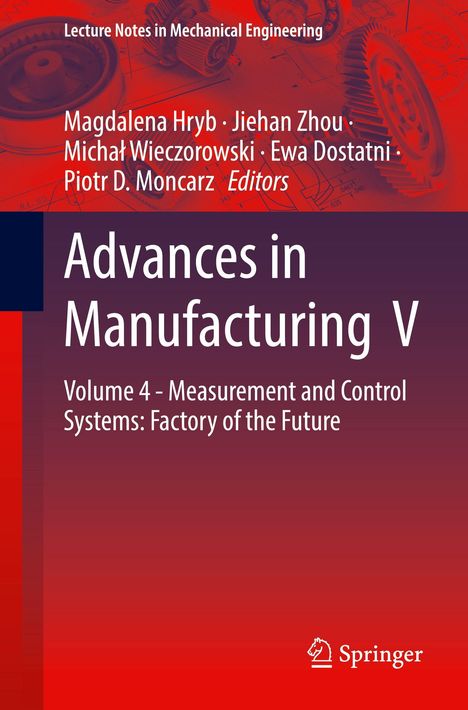 „Advances in Manufacturing V“, technische Zeichnungen, Zahnräder, orangener Hintergrund, Springer-Logo unten rechts.