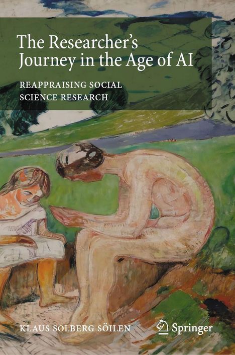 "The Researcher's Journey in the Age of AI", Illustration von zwei Figuren in einer grünen Landschaft.