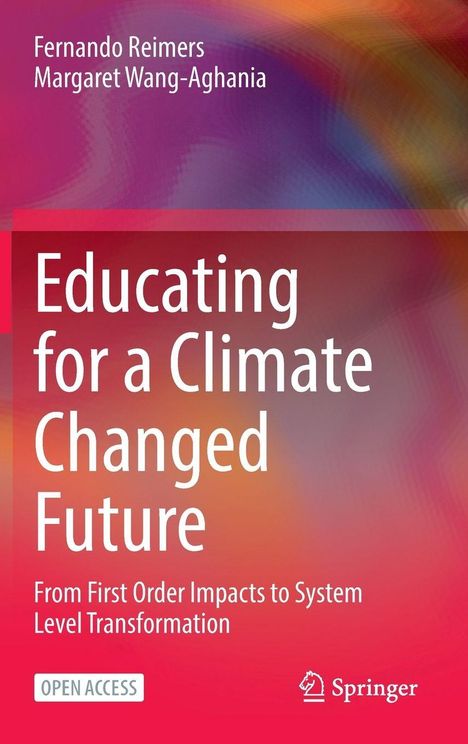"Educating for a Climate Changed Future" und Autoren: Reimers, Wang-Aghania. Hintergrund: Farbige Verläufe in Rot, Violett.