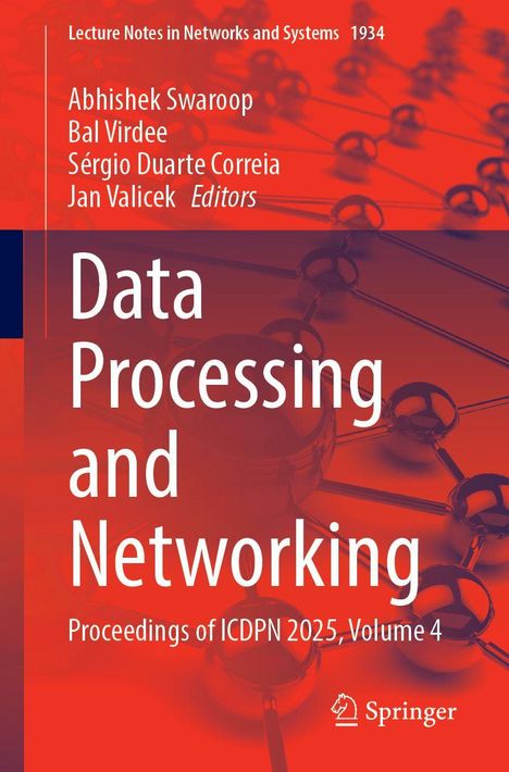 "Data Processing and Networking. Proceedings of ICDPN 2025, Volume 4." Rote Hintergrundgrafik, Springer-Logo unten rechts.