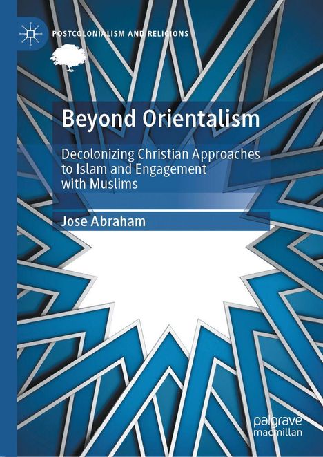 „Beyond Orientalism“, geometrische blaue Muster über weißem Hintergrund.