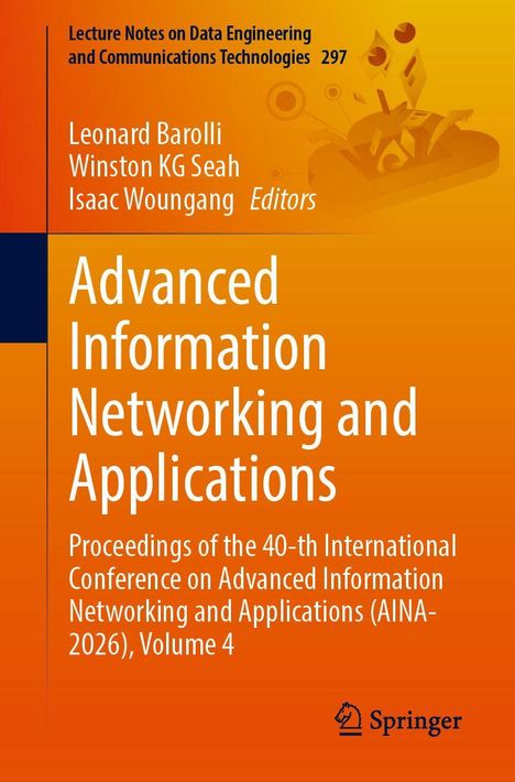 "Advanced Information Networking and Applications" in weißer Schrift auf orangefarbenem Hintergrund. Logos unten rechts.