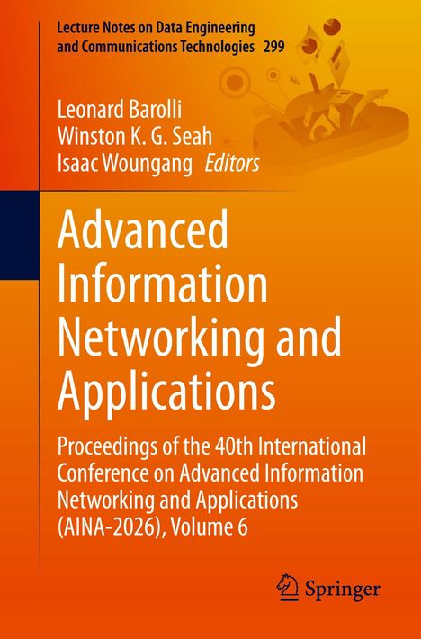 "Advanced Information Networking and Applications" in Weiß auf orangefarbenem Hintergrund. Springer-Logo unten rechts.