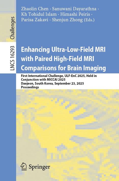 Titel: "Enhancing Ultra-Low-Field MRI with Paired High-Field MRI Comparisons for Brain Imaging". Hintergrund: Abstrakte gelbe und blaue Pixel.