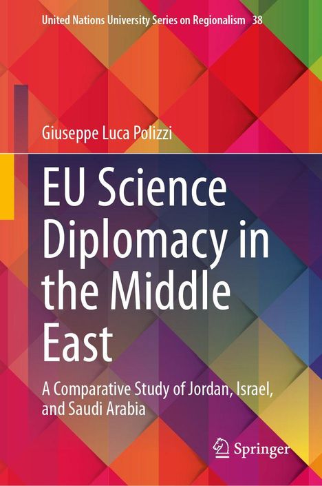 Titel: "EU Science Diplomacy in the Middle East". Autor: Giuseppe Luca Polizzi. Buntes geometrisches Design.