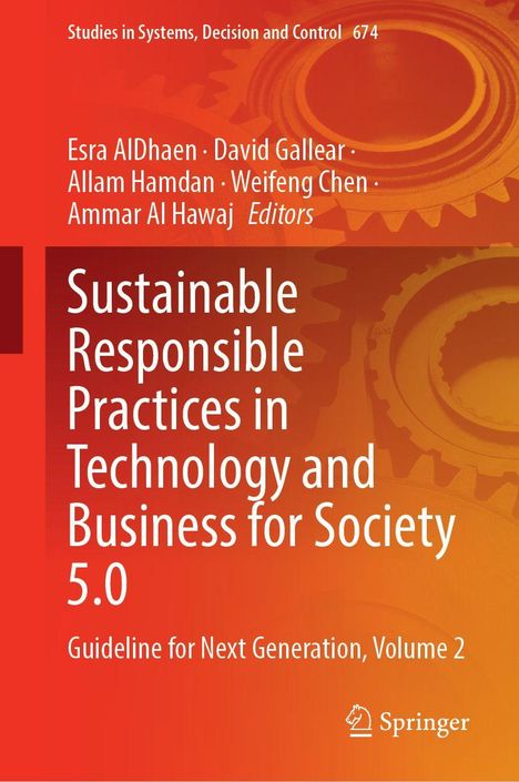 Titel: "Sustainable Responsible Practices in Technology and Business for Society 5.0". Zahnrad-Hintergrund.