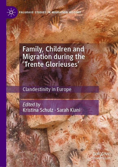 „Family, Children and Migration during the 'Trente Glorieuses'.“ Illustration von Handabdrücken in Erdtönen.