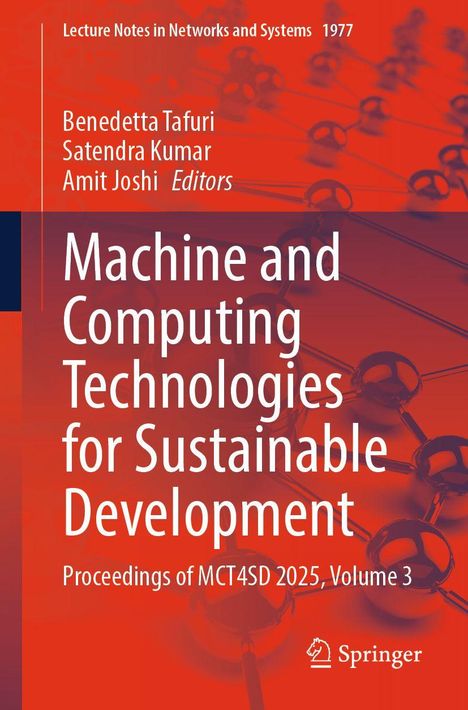 Buchtitel: "Machine and Computing Technologies for Sustainable Development". Rote Hintergrundgrafik mit Metallstruktur.