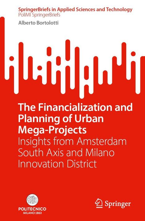 Titel: "The Financialization and Planning of Urban Mega-Projects". Grafik mit rot-weißen vertikalen Formen. Springer- und Politecnico-Logos.