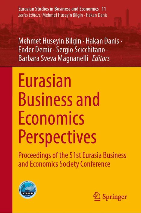 Text: Eurasian Business and Economics Perspectives, Springer-Logo, EBES-Logo. Roter Hintergrund, gelb-roter Titelbereich.