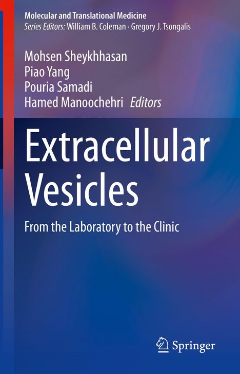Titel: "Extracellular Vesicles: From the Laboratory to the Clinic." Autoren: Mohsen Sheykhhasan, Piao Yang. Farbschema: Blau und Lila. Springerverlag.