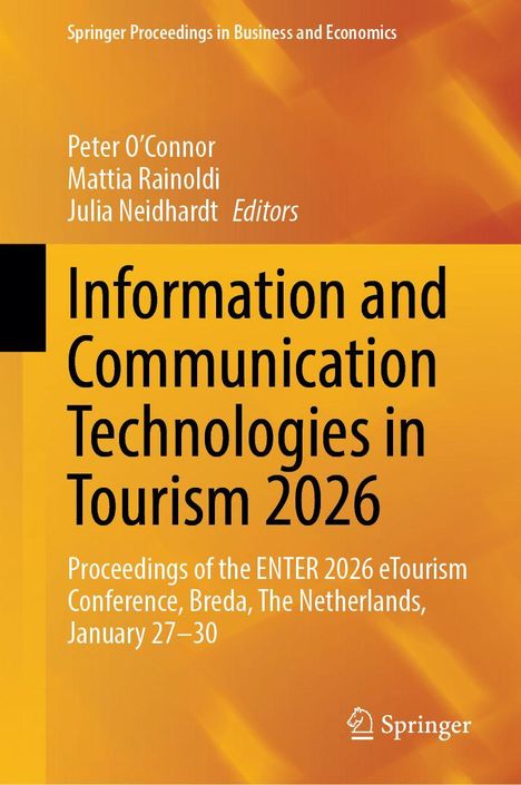 „Information and Communication Technologies in Tourism 2026“ auf orange-gelbem Hintergrund. Springer-Logo unten.