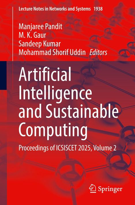 Text: "Lecture Notes in Networks and Systems 1938", Herausgebernamen, "Artificial Intelligence and Sustainable Computing". Unten Logo von Springer und Hintergrund mit Molekülstruktur.