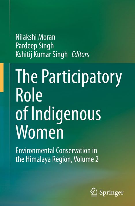 Buchtitel: "The Participatory Role of Indigenous Women". Autoren: Nilakshi Moran, Pardeep Singh, Kshitij Kumar Singh. Springer-Logo.