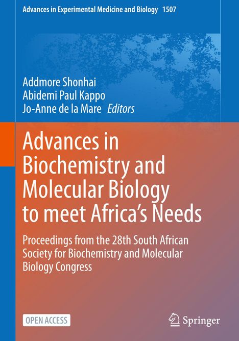 Titel: Advances in Biochemistry and Molecular Biology to meet Africa’s Needs. Farbhintergründe in Blau und Orange.