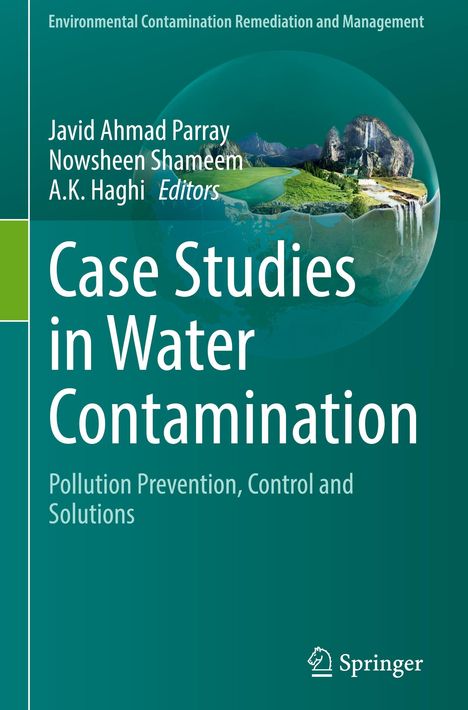 Titel: "Case Studies in Water Contamination". Eine Landschaft in einer Glaskugel auf grünem Hintergrund. Springer-Logo unten.