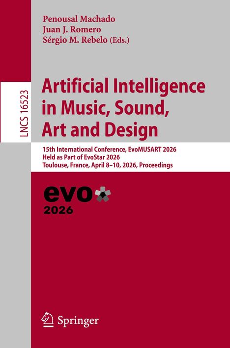 Cover mit Text: "Artificial Intelligence in Music, Sound, Art and Design", Konferenzinfos, rot-graues Farbschema.