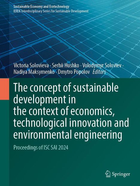 "The concept of sustainable development" ist zentrale Schrift. Oben Namen: Victoria Solovieva, Serhii Hushko u.a. Hintergrund: Solarpanel-Design.