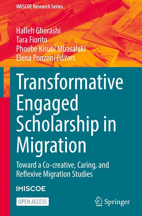 "Transformative Engaged Scholarship in Migration" von Halleh Ghorashi et al., IMISCOE, Open Access, blaues Cover mit Koffer.