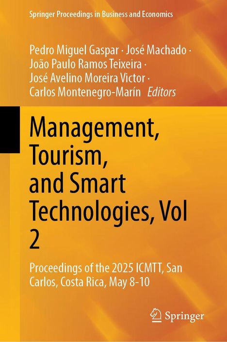 Titel: "Management, Tourism, and Smart Technologies, Vol 2." Konferenz: 2025 ICMTT, Costa Rica, Mai 8-10. Orange Hintergrund.