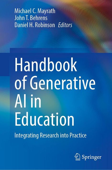 Text: "Handbook of Generative AI in Education: Integrating Research into Practice." Blaues, buntes Hintergrunddesign.
