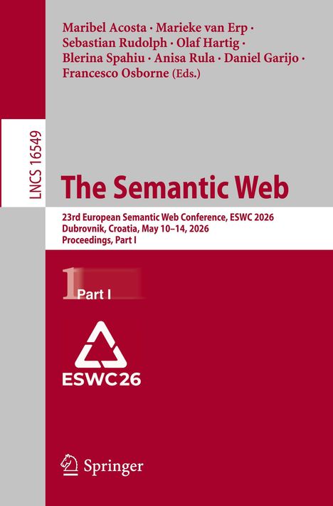 Roter Hintergrund, Haupttext: "The Semantic Web". Titel, Autoren und Konferenzdetails in Weiß und Rot. Logo mit "ESWC26".