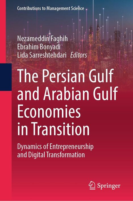 "The Persian Gulf and Arabian Gulf Economies in Transition" in Weiß auf rotem Hintergrund, Stadt-Silhouette, Springer-Logo.