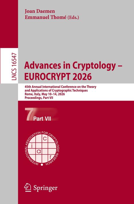 Buchtitel "Advances in Cryptology – EUROCRYPT 2026", Konferenzdetails darunter, rotes Logo der kryptologischen Forschung.
