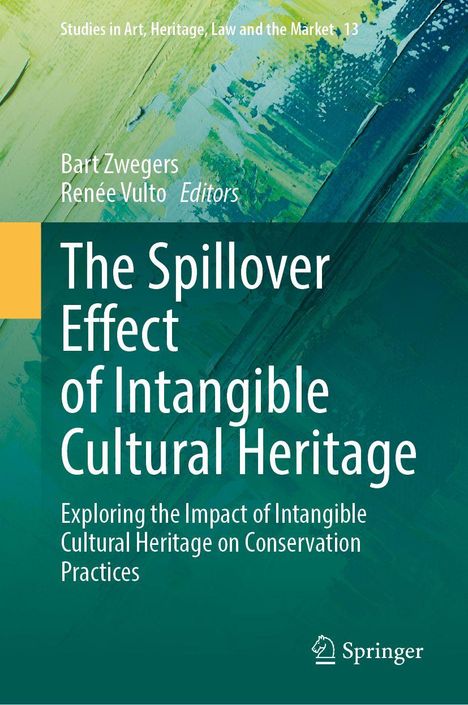 Buchcovertext: "The Spillover Effect of Intangible Cultural Heritage." Abstrakte grüne und blaue Musterung im Hintergrund.