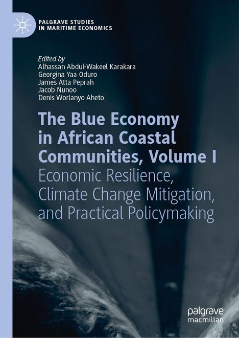 „The Blue Economy in African Coastal Communities, Volume I“ mit Autorenlisten. Logo links oben. Blau-schwarzer Hintergrund.