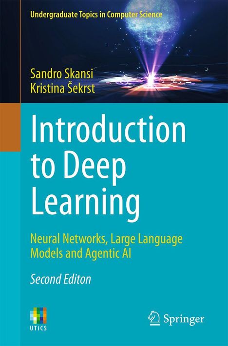 Buchtitel: "Introduction to Deep Learning". Autoren: Sandro Skansi, Kristina Šekrst. Bild mit digitalem, leuchtendem Gehirn.