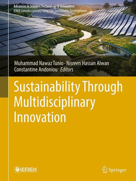 Titel: Sustainability Through Multidisciplinary Innovation. Oben Solarzellen auf hügeligen Feldern, unten goldener Hintergrund.