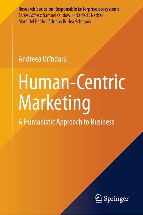 "Human-Centric Marketing: A Humanistic Approach to Business" steht in großer weißer Schrift auf einem orangefarbenen Hintergrund.