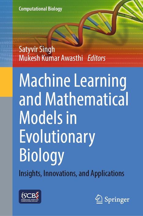 "Machine Learning and Mathematical Models in Evolutionary Biology" auf einem blauen Hintergrund mit DNA-Strang-Illustration.