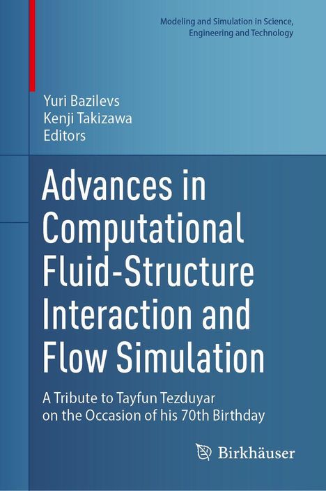 „Advances in Computational Fluid-Structure Interaction and Flow Simulation.“ Blaue Buchcover mit roten Streifen.
