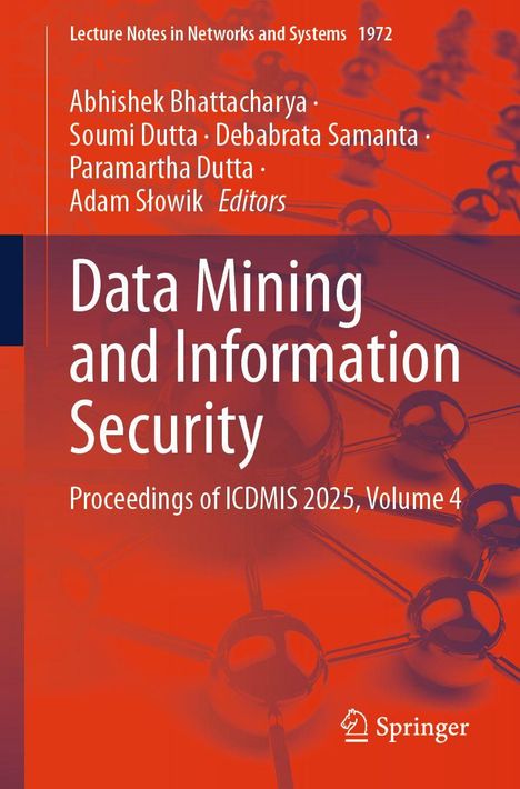 **Data Mining and Information Security: Proceedings of ICDMIS 2025, Volume 4.** Autoren und Herausgeber sind aufgeführt. Im Hintergrund ein abstraktes Muster in Rot. Springer-Logo unten rechts.