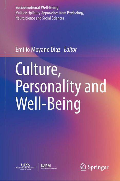 Titel: "Culture, Personality and Well-Being". Autor: Emilio Moyano Díaz. Farbverlauf in Rosa und Blau. Logos unten.