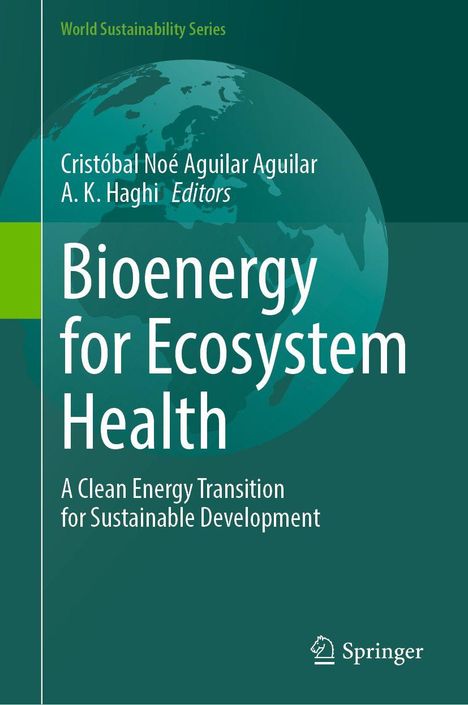 "Bioenergy for Ecosystem Health" von Cristóbal Noé Aguilar Aguilar und A. K. Haghi, herausgegeben von Springer. Cover mit Weltkartenmotiv.