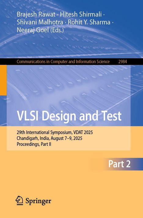 Text: "VLSI Design and Test", "VDAT 2025", "Chandigarh, India, August 7–9, 2025". Oben blaue Grafik, unten orange Fläche.