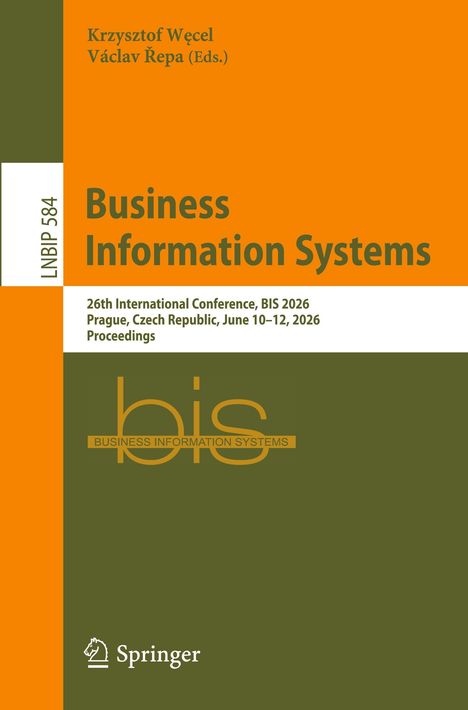 Text: "Business Information Systems" und "Springer". Konferenzinfo: Prag, 2026. Orange-Grün-Gestaltung mit Logo.