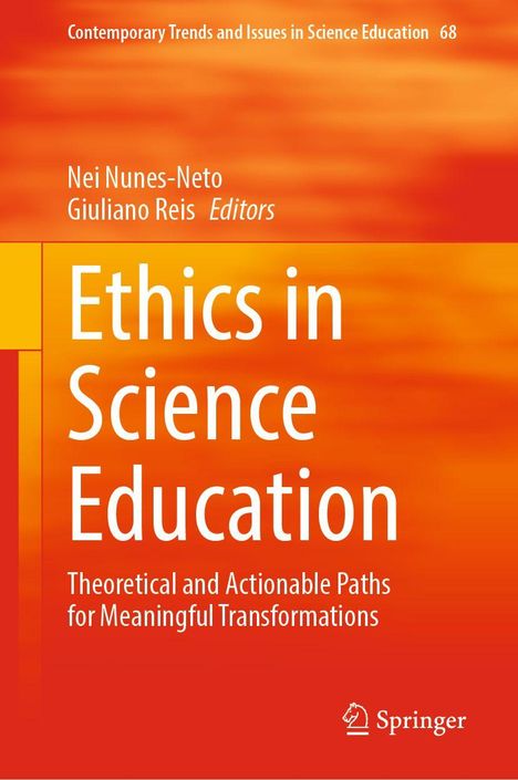 „Ethics in Science Education“, rote und orange Farbverläufe, Springer-Logo.
