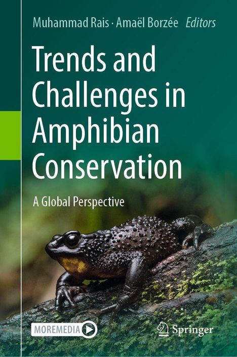 Text: "Trends and Challenges in Amphibian Conservation: A Global Perspective." Bild: Warzige Kröte auf einem Ast. Logo unten.