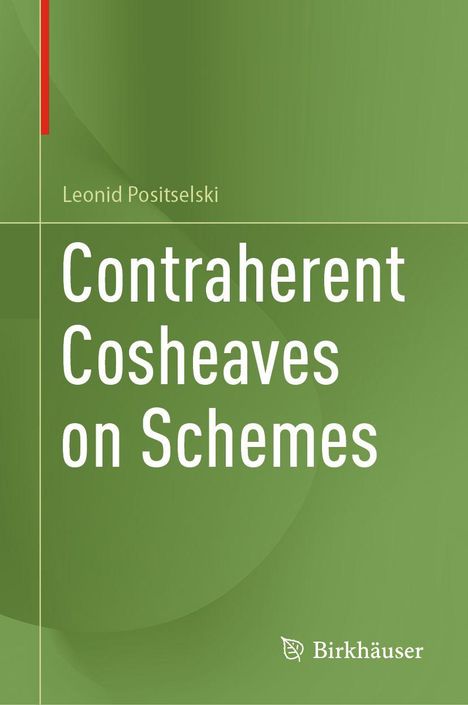 Text: "Leonid Positselski - Contraherent Cosheaves on Schemes". Grüner Hintergrund mit geometrischen Formen.