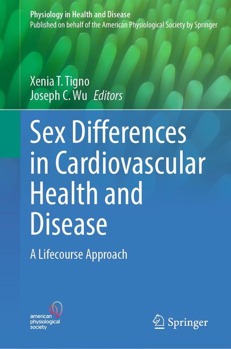 „Sex Differences in Cardiovascular Health and Disease: A Lifecourse Approach“. Grüner und blauer Hintergrund. Zwei Logos.