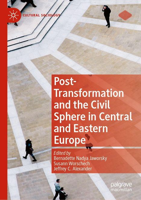 „Post-Transformation and the Civil Sphere in Central and Eastern Europe“, rote Flächen, Menschen auf beige-gepflastertem Boden.