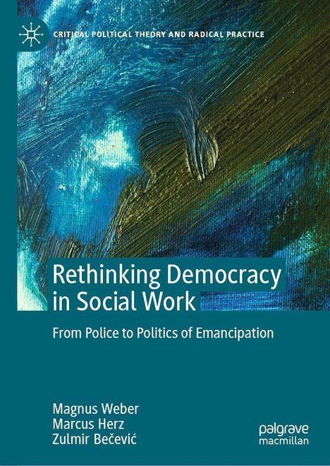 "Rethinking Democracy in Social Work" steht auf einer abstrakten Malerei mit blauen und grünen Pinselstrichen.