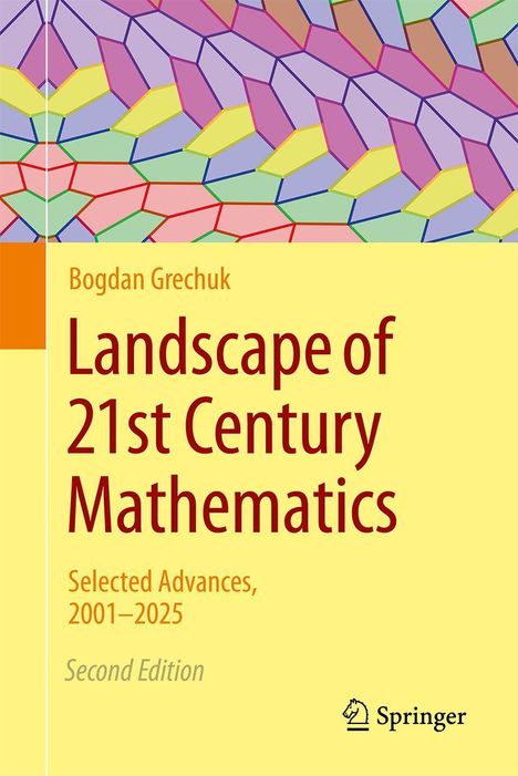Texte: Bogdan Grechuk, Landscape of 21st Century Mathematics. Bunte geometrische Muster mit Springer-Logo.