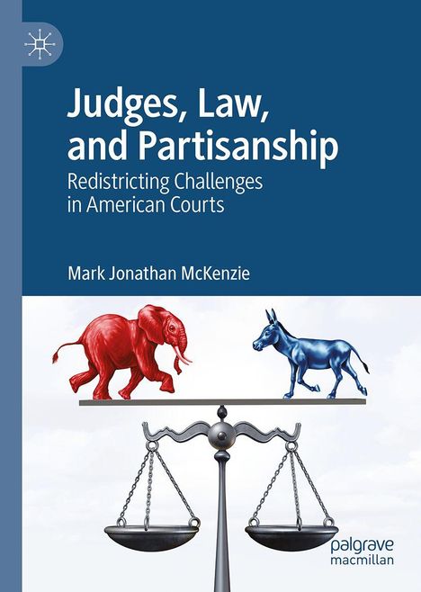 "Judges, Law, and Partisanship"; Illustration: Roter Elefant und blauer Esel auf Waage, Symbol für politische Parteien.