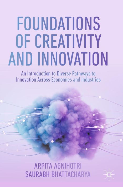 "Foundations of Creativity and Innovation" steht groß auf lila Hintergrund, darunter ein violetter Wolkenwirbel.
